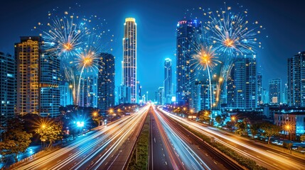 Fototapeta premium fireworks in the city HD 8K wallpaper Stock Photographic Image 