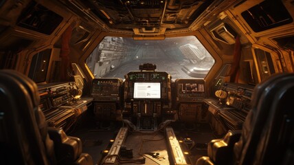 Futuristic spaceship cockpit interior with a view of space station and stars. A large spaceship window show view of space and modern cockpit with control panel with glowing light. Technology. AIG35.