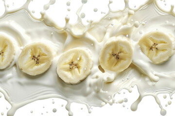 Sliced banana pieces splashing into creamy milk, creating a dynamic and fresh visual perfect for food and beverage themes.