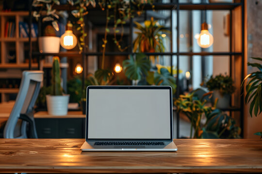 A vibrant mockup of a laptop open on a wooden table, with a blank screen and a stylish office background, ideal for website or software demonstrations