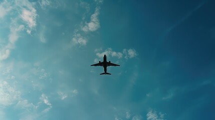 Commercial airplane silhouette descending against blue sky