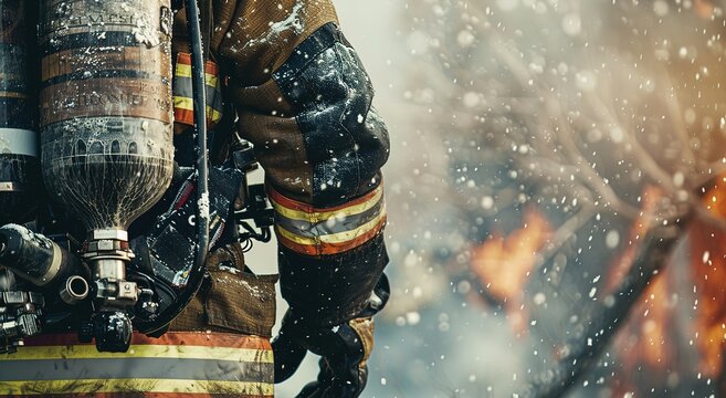 Close-up of firefighter with equipment against firebackground