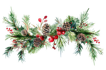 Festive watercolor Christmas garland with pine cones, red berries, and green holly leaves, perfect for holiday decorations and designs.