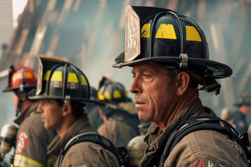 Obraz premium Firefighters in uniform ready for duty, bravery and teamwork