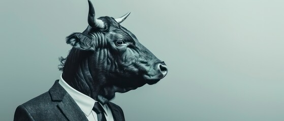 This striking portrait features a sophisticated bull, adorned in a classic suit and tie, exuding charm and professionalism in a side view composition.