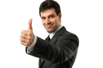 Confident businessman in a suit giving a thumbs-up, expressing approval and success, isolated on a transparent background.