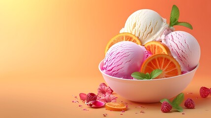 Bowl with tasty ice cream on orange background very detailed and realistic shape