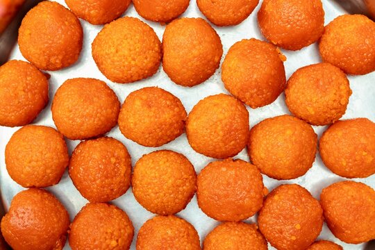 Bundi Ladoo or Motichoor Laddu Background with Copy Space, Also Known as Motichur Laddoo