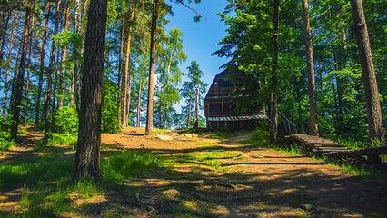 A wooden house on a hill, among the trees. A house in the woods, on a hill, against a blue sky