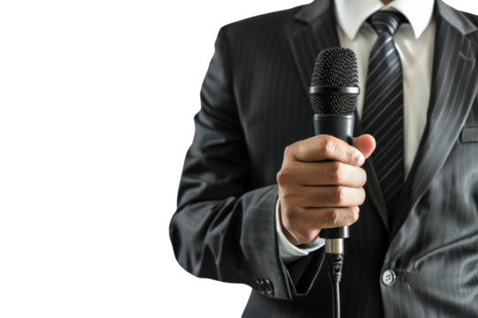 A business professional in a suit holding a microphone, ready to speak or present at an event or conference. - Powered by Adobe