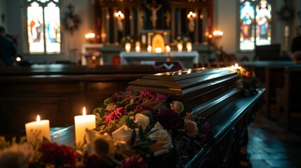 Elegant Funeral Ceremony in Church with Candlelit Coffin