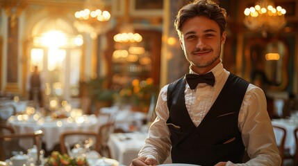A professional waiter wearing a black vest and bow tie presenting a plate in an opulent restaurant with chandeliers and elegant decor.
