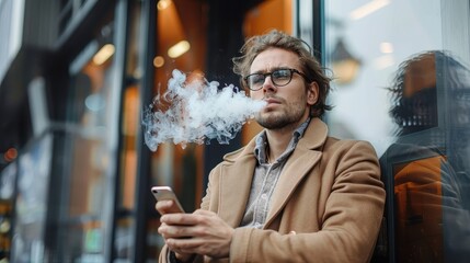 A man in glasses and an overcoat vapes while using his smartphone outside a stylish urban cafe, blending modern technology with casual city life.