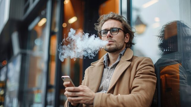 A man in glasses and an overcoat vapes while using his smartphone outside a stylish urban cafe, blending modern technology with casual city life.
