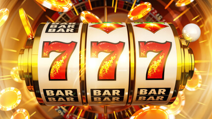 Winning jackpot slot machine with the numbers 777, gambling casino games win concept, gold and money coins flying around, lucky payout and success, spinning the wheel