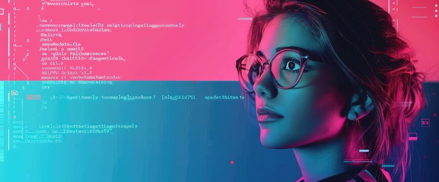 A young woman wearing glasses looks thoughtfully at a screen of code. AIGZ01