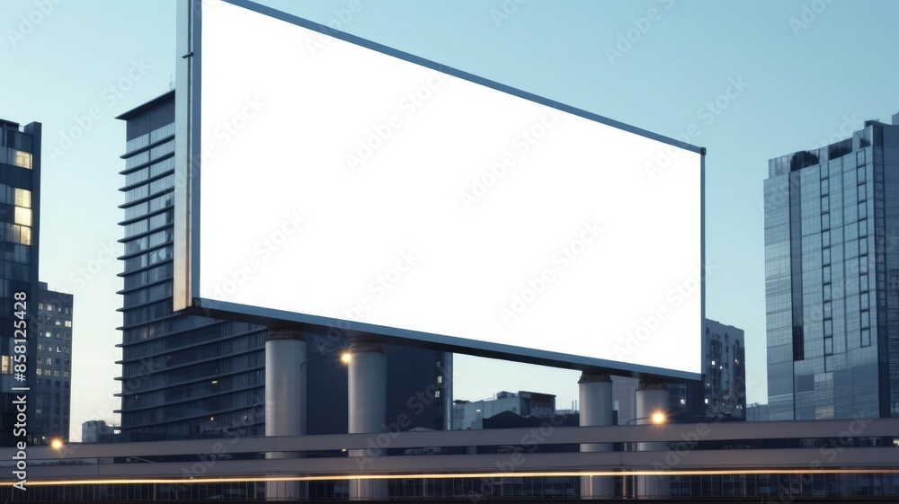 Poster a mockup of billboard with white color blank space setting in between building of city. a large big 
