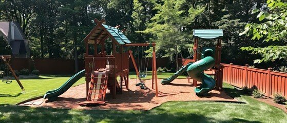 An empty swing gently sways in a quiet playground surrounded by green grass, evoking memories of childhood and summer fun outdoors.
