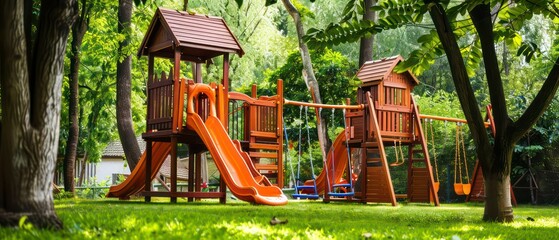 Empty swings sway gently in a peaceful park on a quiet summer day. The playground awaits children to fill the space with laughter and fun.