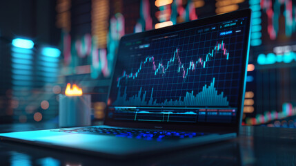Laptop on a desk shows a glowing hologram of a business forex chart. The background is blurry with a grid. This represents the concepts of trade, stock, finance, and investment.