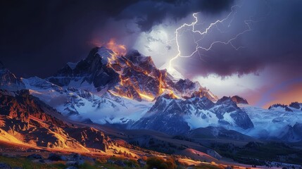 A striking natural phenomenon as lightning strikes snow-capped mountain peaks during twilight, blending hues of orange and blue to form a surreal and dynamic landscape scene.
