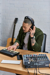 An Asian man plays a keyboard in his studio with a mixing board and guitar in the background.