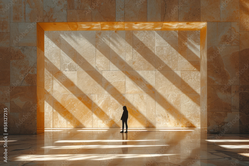Poster person in a minimalistic setting with neutral colors and simple geometry,