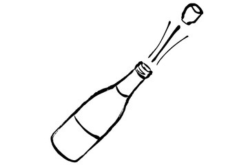 コルクが弾けるように飛ぶシャンパンを開封するイメージの線画イラスト