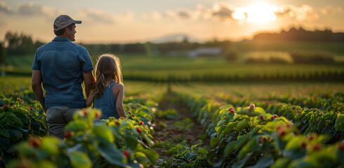 Fototapeta premium Young man farmer working in the garden, picking strawberries for his toddler daughter 