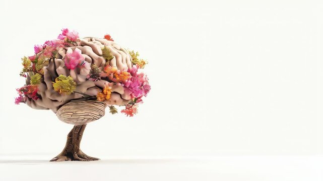 A human brain growing as a tree with flowers. Mental health, creative mind and positive thinking concept animation.