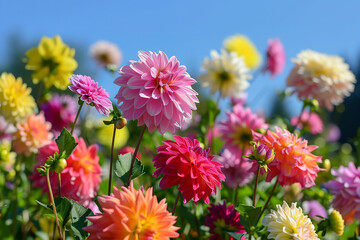 Fototapeta premium Summer Bloom: Vibrant Flower Garden Under Clear Blue Sky 
