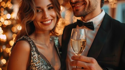 A couple celebrating at a festive event, holding champagne glasses and dressed elegantly in glamorous outfits, with warm decorations and lights, highlighting joy and love.