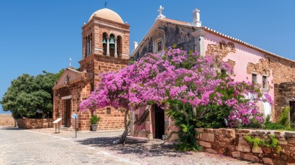 A picturesque view of a church in Varna, Bulgaria, surrounded by vibrant pink cherry blossoms in full bloom