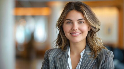 A confident business woman with blonde hair wearing a gray suit is smiling. The office background is bright and blurred, indicating a professional environment.