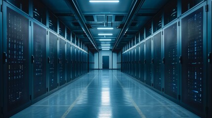 Fototapeta premium blockchain infrastructure, an empty server room showcases powerful computers, representing the foundation of blockchain networks and their decentralized structure