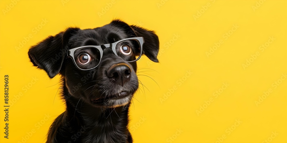 Poster canine's response to tax calculation on yellow background utilizing neural network technology. conce