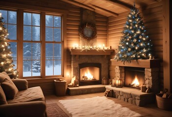 Christmas Fireplace with Rustic Garland & Ornaments