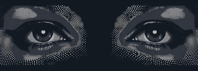 Halftone pattern of two human eyes in navy blue and white, creating an illusion of floating eyes. Plain dark grey background.
