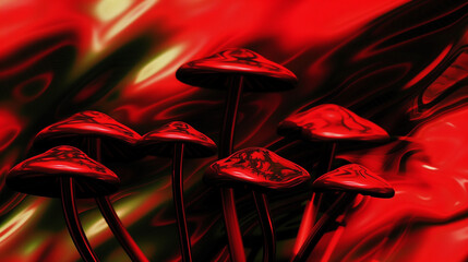 Mushrooms trippy acid poster background, noisy backdrop in contrast red and black colors