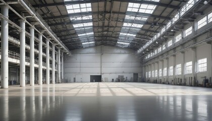 A wide shot of an empty factory hall with industrial air flow pipes and modern equipment	
