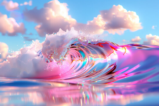 A surreal iridescent ocean wave glows under dreamy pastel clouds. A magical seascape blending light, color, and fantasy.