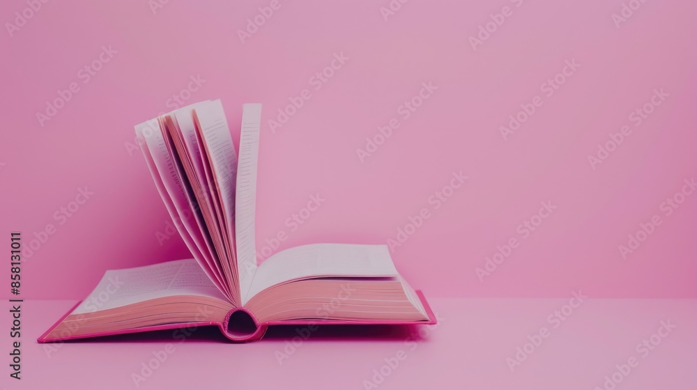 Poster old hardcover book opened on pink background with empty space idea related to learning