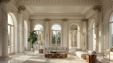 neoclassical interiors, interior design with pillars and detailed moldings evoking grandeur and elegance, based on neoclassical style