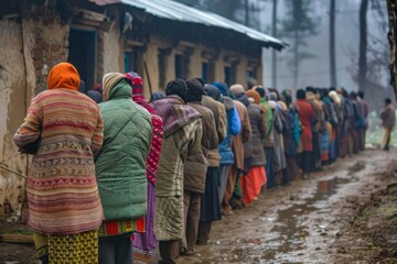 Obraz premium Line of people wearing warm clothing, standing outside a building, waiting for food aid