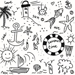 Doodle illusttratio, black and white hand drawn, ceparated elements on white background, summer, nature, leaves