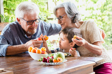 A young boy eating fruit with his grandparents at a table outdoors. Healthy family living habits.