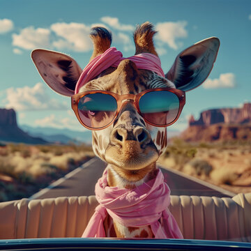 Stylish giraffe in sunglasses and scarf riding in a convertible. Funny road trip concept in desert landscape.