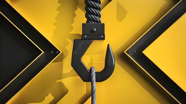 A lifting hook and rope are shown in a black graphic on a yellow backdrop, signifying the capacity to raise heavy objects. This heavy-duty steel hook is shaped like a tower crane