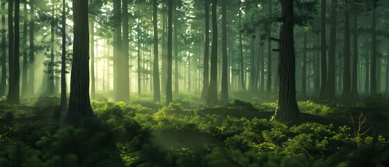 Fototapeta premium a pine forest, casting a warm glow on the green trees and mist, enhancing the autumnal beauty of the scene