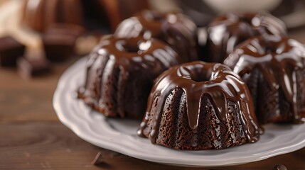 Chocolate bundt cakes topped with glaze in a white plate very detailed and realistic shape